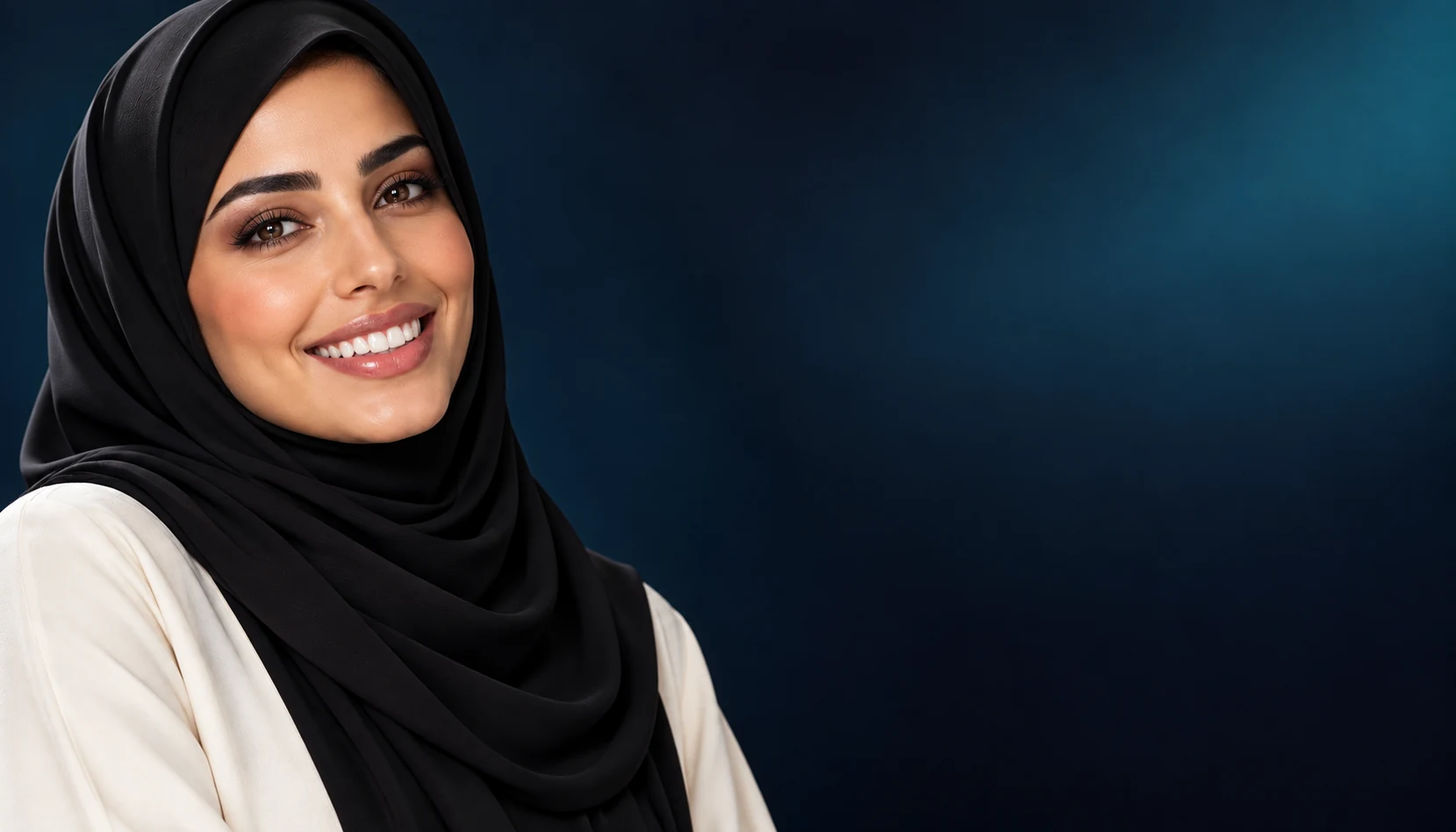 Illustrative portrait of an adult woman in hijab with a natural smile